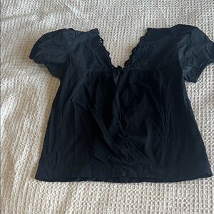 J. Crew Black Lace-Trim Puff Sleeve Blouse